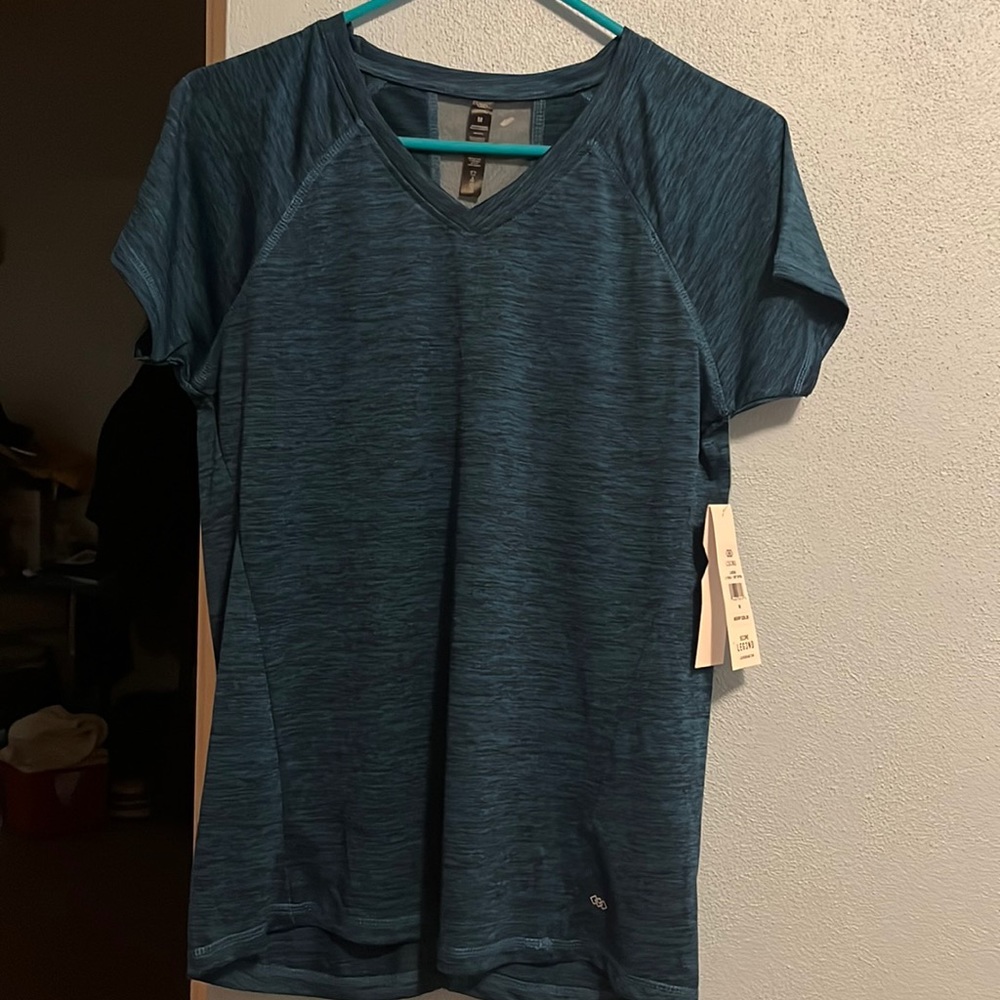 Workout shirt w/ tags- by legend, size M, dark blue w/ black stripe like print